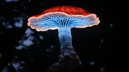 An AI illustration of A captivating shot of a single mushroom illuminated in a mesmerizing combination of red and blue lighting in a dark environmentの素材