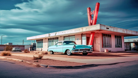 An AI illustration of A drive-through sign illuminated in red above a car parked in front of a motelの素材