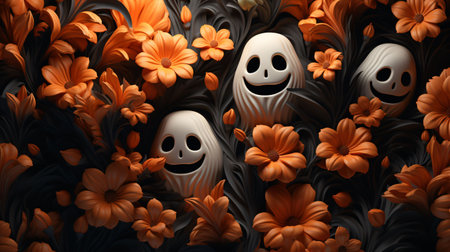 An AI generated illustration of a vibrant, orange floral composition with ghosts on Halloweenの素材