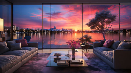An AI illustration of a scenic view of a river at sunset, seen through the window of a living roomの素材