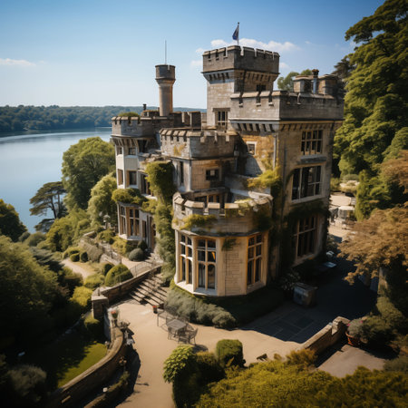 An AI illustration of An AI generated illustration of A modern, industrial-style building with large, glass windows and trees in the foregroundの素材