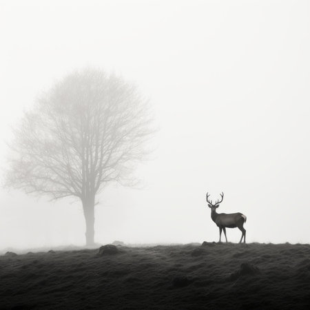 An AI illustration of A majestic stag standing in a foggy field under a tall, leafy treeの素材