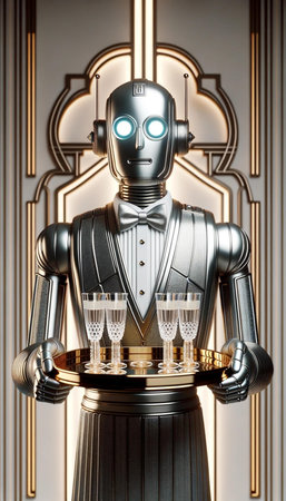 An AI generated illustration of a robot carrying a round silver tray filled with glassesの素材