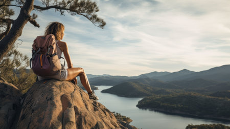 An AI generated illustration of a woman on a rocky outcrop, taking in the view of the oceanの素材