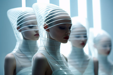 An AI generated illustration of Three mannequins dressed in fashionable clothing are encased in clear plastic wrap, ready to be transportedの素材