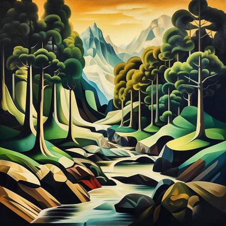 An AI generated illustration of a colorful painting of a scenic landscape of natureの素材