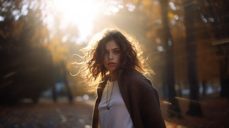 An AI illustration of a young woman posing in a sunny outdoor park settingの素材