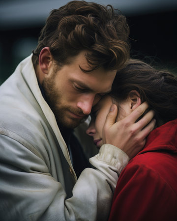An AI illustration of An adult Caucasian male in a white coat tenderly embracing a female companion wearing a red jacketの素材