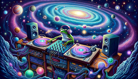 An AI generated illustration of A cheerful amphibian musician performs a set of electronic music in a vibrant galaxy-themed environmentの素材