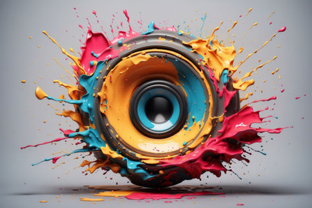 An AI generated illustration of a music speaker with vibrant splashes of pink, blue, and orange paintの素材