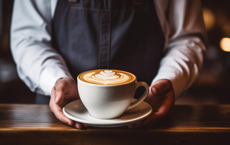 A steaming cup of freshly brewed coffee set on a white saucer, AI-generated.の素材