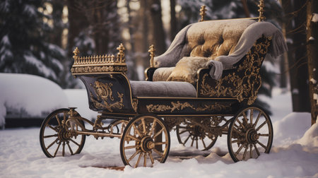 An AI generated illustration of A black horse-drawn carriage stands in the snow, with a large tree in the backgroundの素材