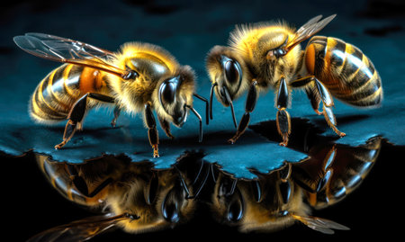 An AI illustration of Close-up shot of two bees cuddling in a natural environmentの素材