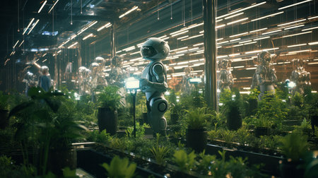 An AI illustration of A robotic figure stands in the center of a lush indoor garden, surrounded by a variety of colorful plants and foliageの素材