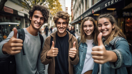 An AI illustration of Three young friends smiling and giving the thumbs up sign while standing in a streetの素材