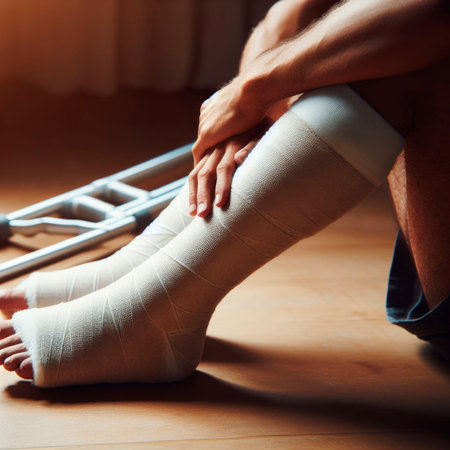 An AI generated illustration of Bandage legs of a man after an accidentの素材