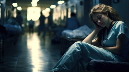 AI-generated photo of an exhausted nurse resting in a busy hospital corridorの素材