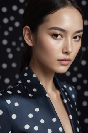 An AI illustration of A stylish woman wearing a fashionable outfit consisting of a polka-dot dressの素材