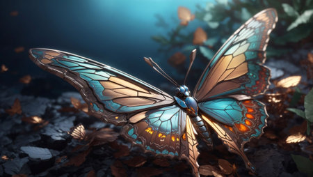 An AI generated illustration of a beautiful yellow and black butterfly sits atop a lush green leafの素材