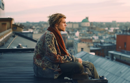 An AI generated illustration of a young male atop a rooftop, looking out over the city skylineの素材
