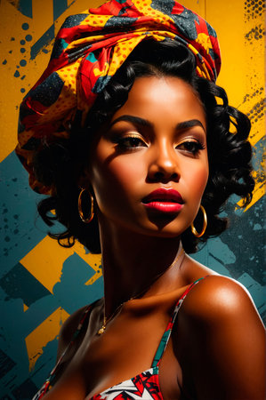 An AI generated illustration of a portrait of a young African woman with a vibrant headwearの素材