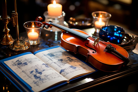 An AI illustration of An antique violin with an open book sitting atop a wooden table illuminated by a nearby light sourceの素材