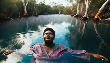 An AI generated illustration of A young female is suspended in a peaceful body of water with her arms outstretched, surrounded by lush greeneryの素材