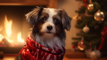 An AI illustration of A dapper-looking canine sporting a vibrant red scarf looking directly into the cameraの素材