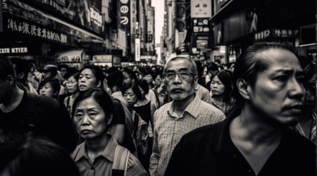An AI generated illustration of a bustling city street with people gazing up at the surroundingsの素材