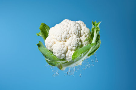 A cauliflower suspended in midair against a bright blue backdropの素材