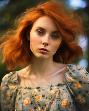 An AI generated illustration of an attractive red-haired female wearing floral gown in the sunの素材