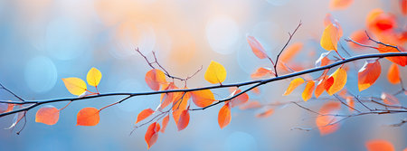An AI generated illustration of A scenic view of an isolated tree branch with vibrant red leaves in the foregroundの素材
