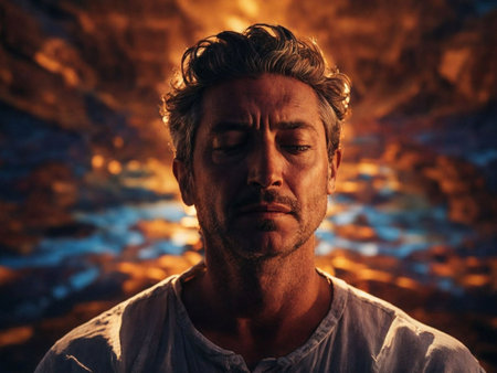 An AI generated illustration of A young, attractive Caucasian man is standing with his eyes closed in front of a vibrant abstract paintingの素材