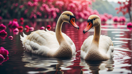 An AI generated illustration of Two birds enjoying the beauty of a tranquil pond, surrounded by pink rosesの素材