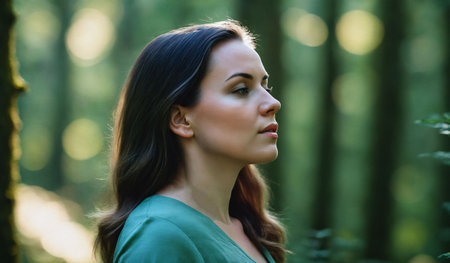 An AI illustration of a young woman enjoying a moment of tranquility in a lush green park.の素材