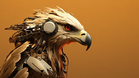 An AI generated illustration of a cyberpunk hawk with a headset on its headの素材
