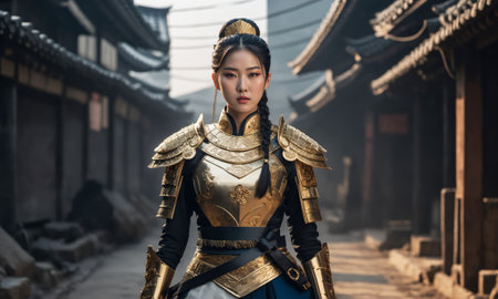 An AI generated illustration of  A female warrior standing in a powerful pose, adorned with an armorの素材