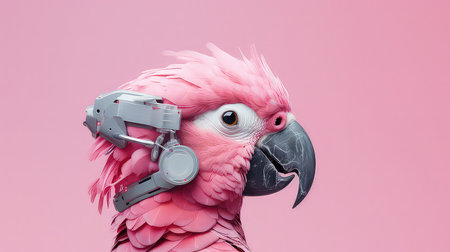 An AI generated illustration of an exotic pink parrot wearing headphones standing on a pink backgroundの素材