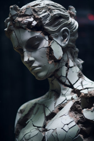 An AI generated illustration of a broken stone statue of a female figure, showing the intricate details of the artistryの素材