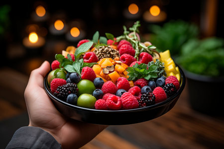 An AI generated illustration of a hand grasping a dark bowl filled with various types of fruitの素材