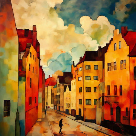 An AI generated illustration of a vibrant alleyway with houses in the backgroundの素材