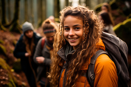 An AI generated illustration of A young female with long blonde hair stands in a wooded area, wearing a backpack and smilingの素材
