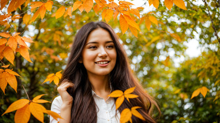 An AI generated illustration of a cheerful woman with long hair, surrounded by fluttering orange leavesの素材