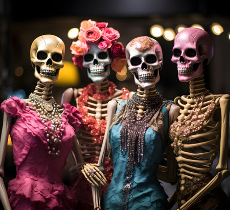 An AI generated illustration of Three human skulls wearing brightly colored dresses adorned with pink flowers, arranged in a rowの素材