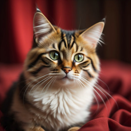 An AI generated illustration of A white and gray tabby cat perched atop a red cloth laid over a bedの素材