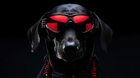 An AI generated illustration of a black cyberpunk dog wearing a pair of red sunglassesの素材