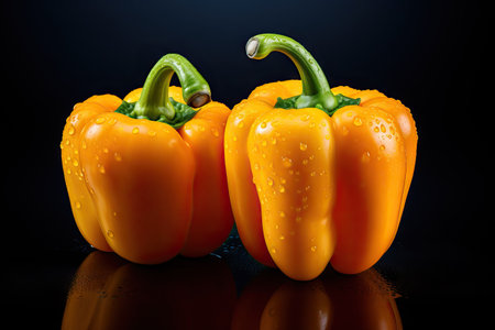 An AI generated illustration of Two yellow bell peppers with a glossy finish and freshness indicated by water droplets on their surfaceの素材
