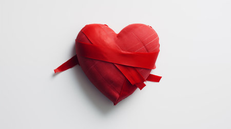 Bandaged red heart on a white background. AI generated image.の素材