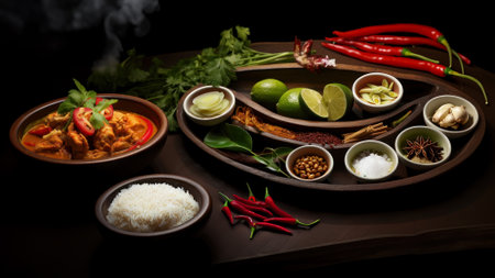 An AI illustration of a steaming delicious bowl of panang curry with steamed rice.の素材