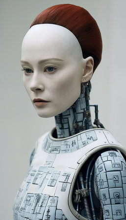 An AI-generated illustration of a female robot against a plain white backgroundの素材